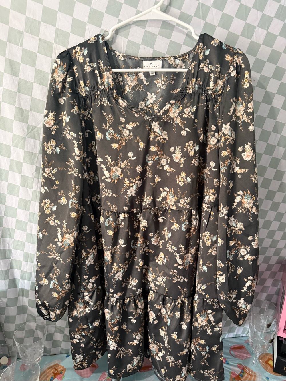 True Craft Black Floral Tiered Tunic with Cream & Light Blue Accents